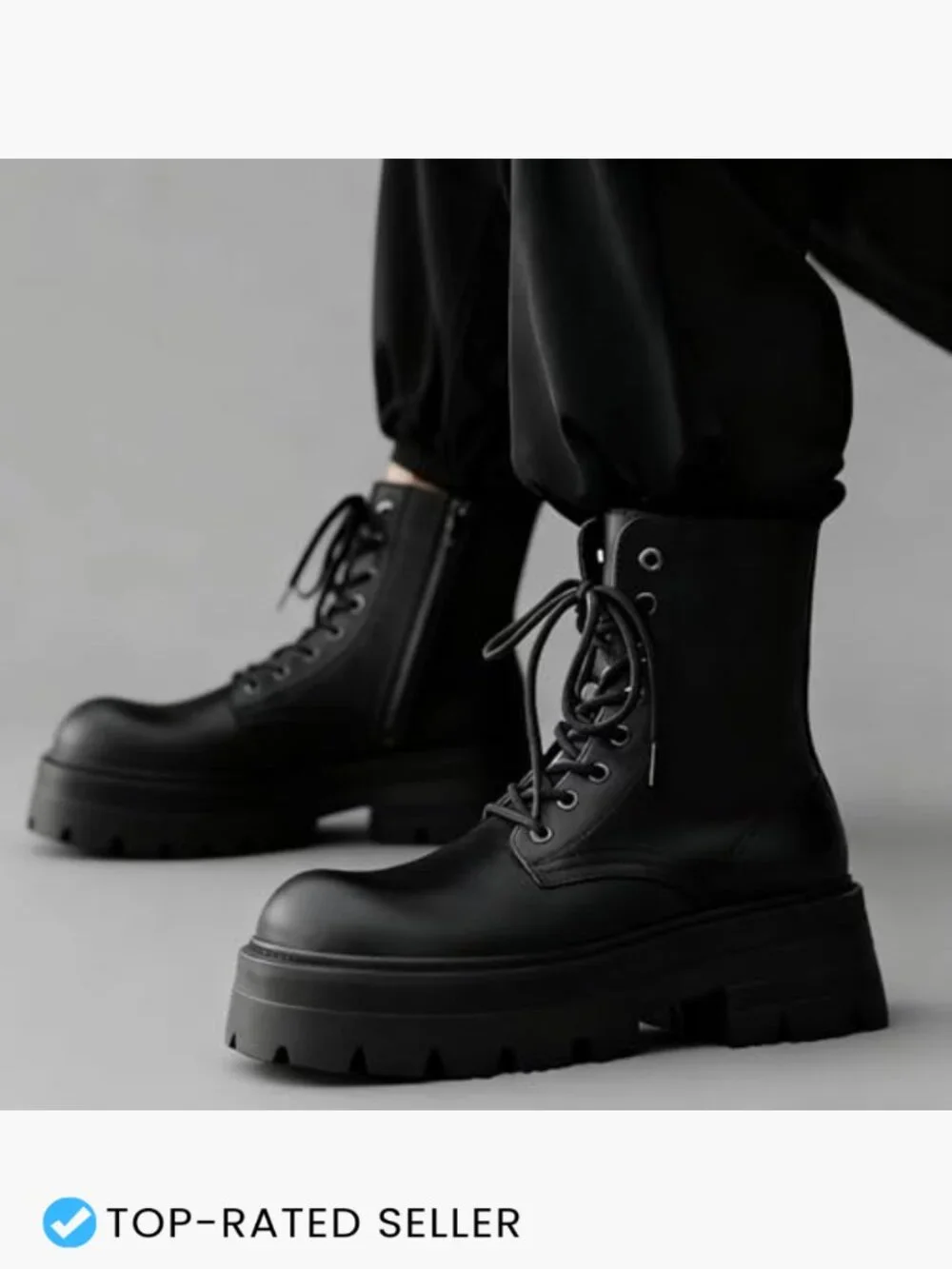 Black Leather Lace-Up Platform Combat Boots Chunky Heel Lug Sole Side Zipper